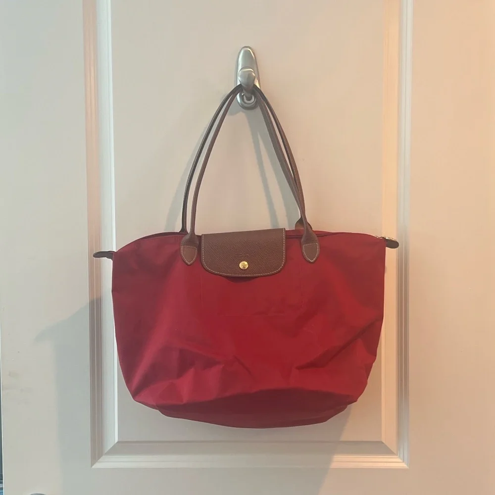 Longchamp Nylon Tote in Red with Brown Trim